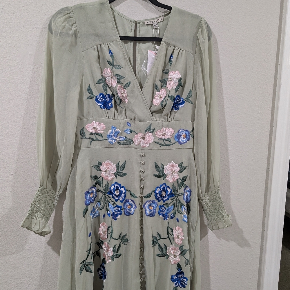 Hope & Ivy Embroidered Long Sleeve Front Button Midi Dress